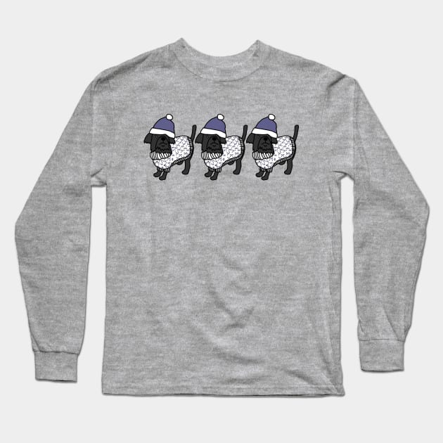 Three Cute Dogs Blue Hat Christmas Winter Sweater Long Sleeve T-Shirt by ellenhenryart